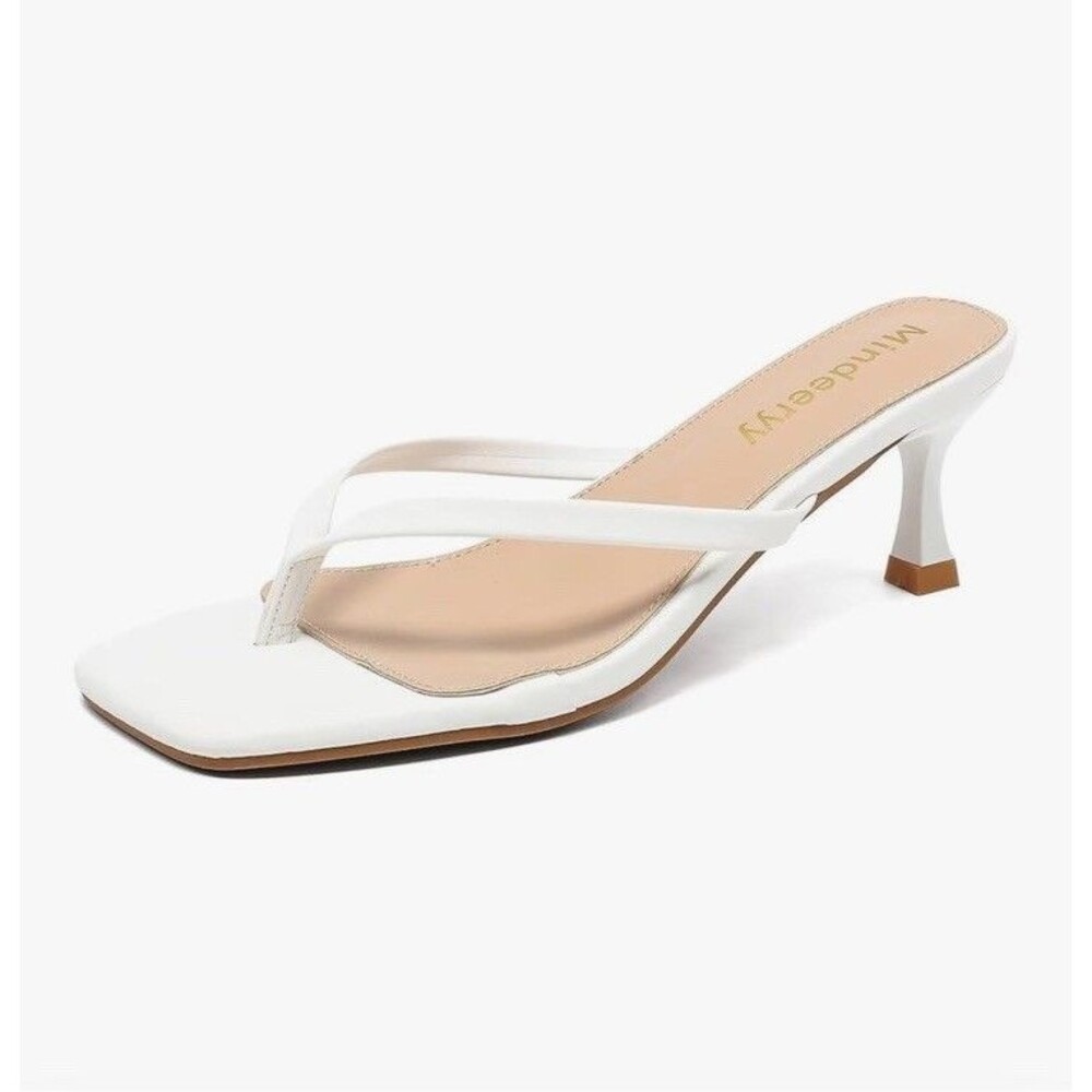 Women's Kitten Heels Flip Flops Square Toe Size 11 Slip On Thong Sandals White